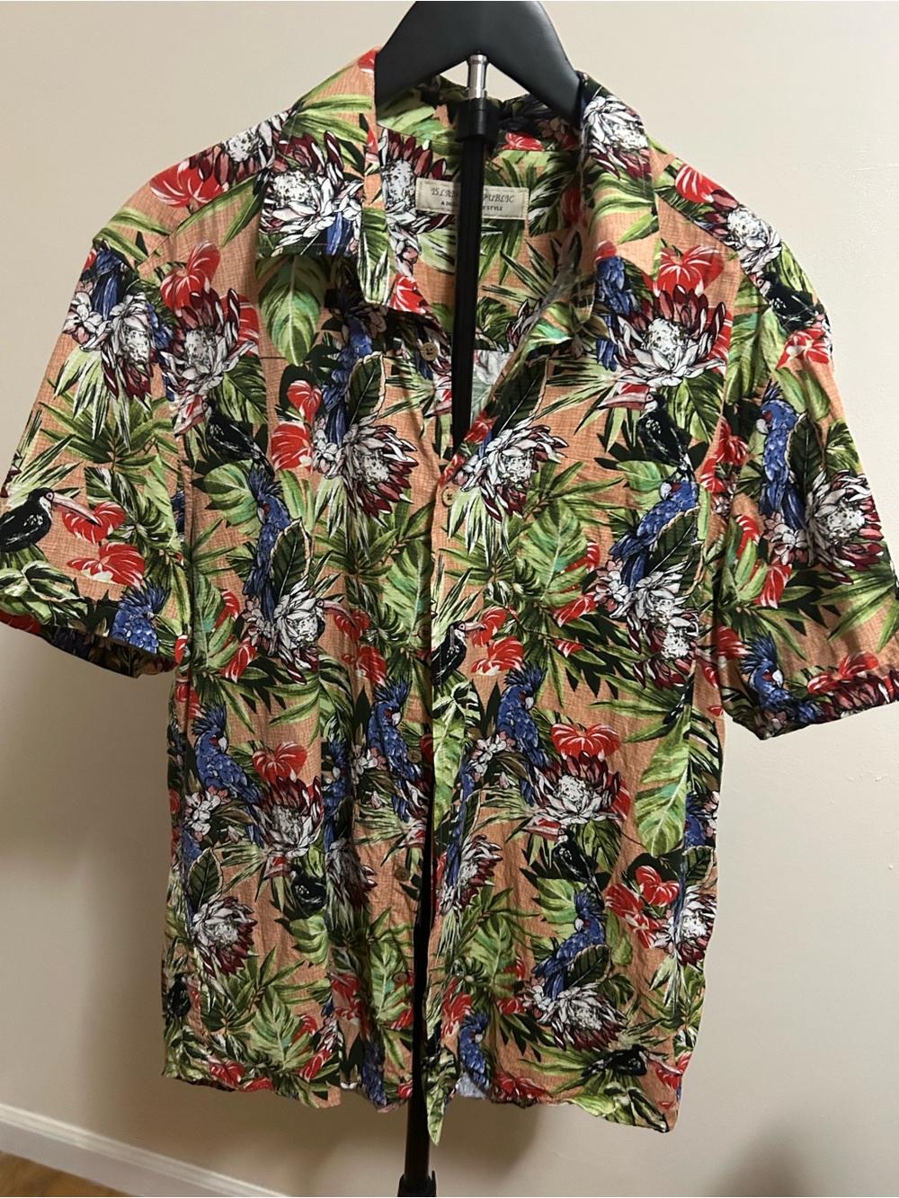 Men's Peach Tropical Floral Button-Down Shirt with Multicolor Print